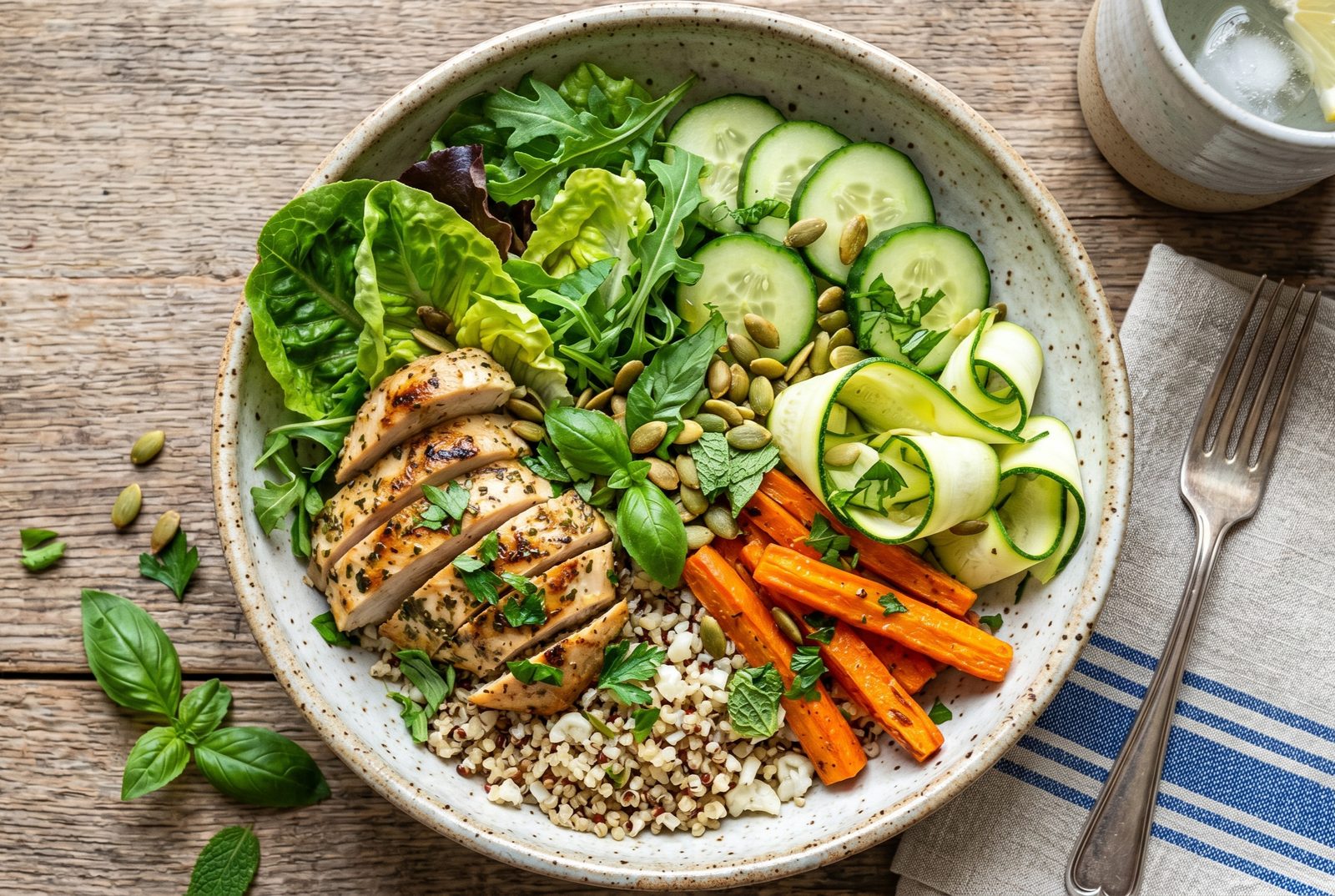 Fresh summer healing bowl with greens and herbs